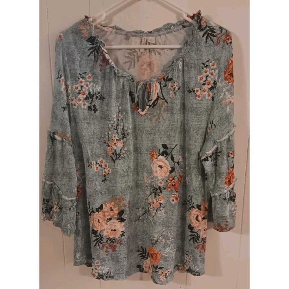 Peasant Bell Sleeve Blouse Size Large Teal Floral Boho Cottagecore